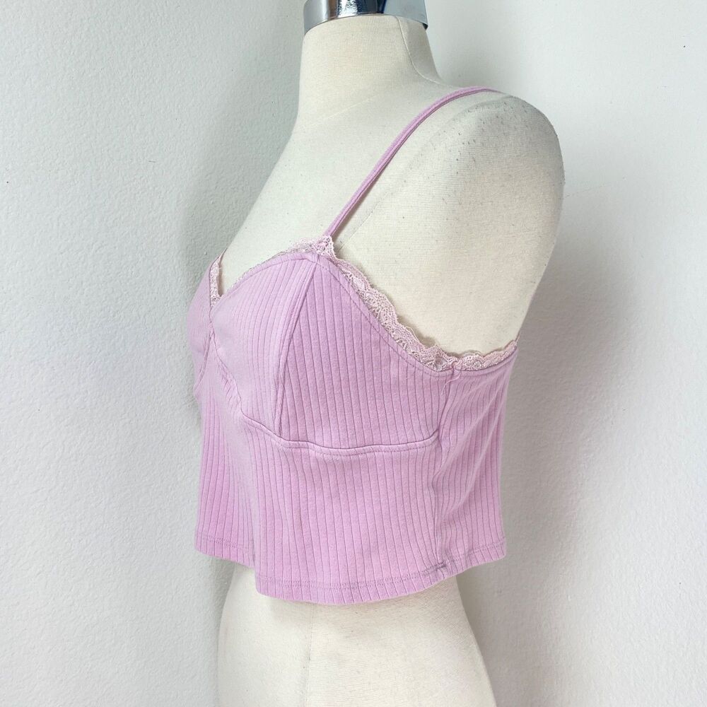 Pac Cares Pink Crop Baby Doll Halter Top Medium Ribbed Knit Lace Boho Fairy Goth - Picture 5 of 9